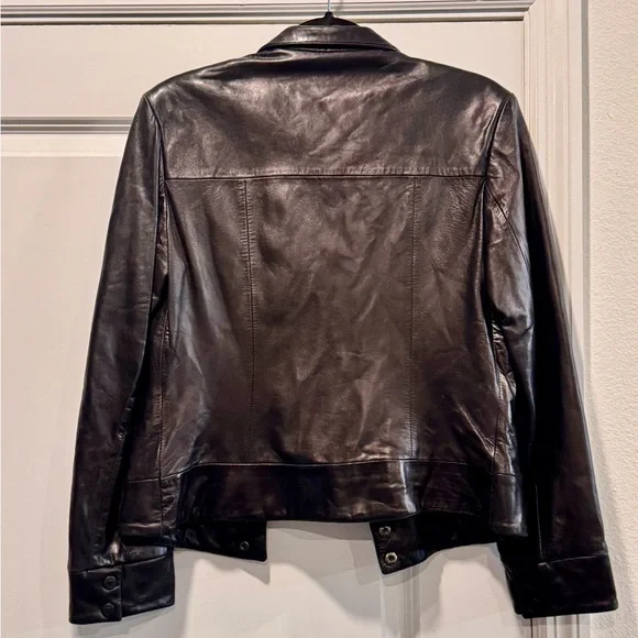 Andrew Marc New York soft black leather Racer Moto Jacket Snap Collar Size S - Picture 5 of 7